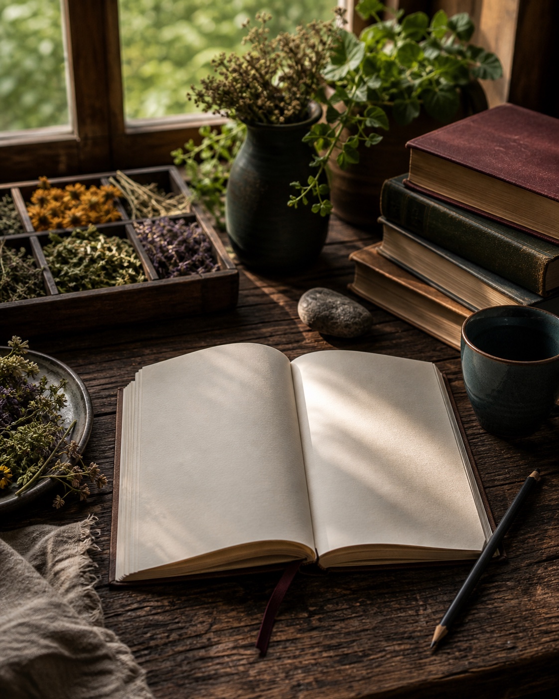 Notizbuch, Fachbücher und Pflanzen als Bild für Lernen, Prüfen und eigene Erfahrung