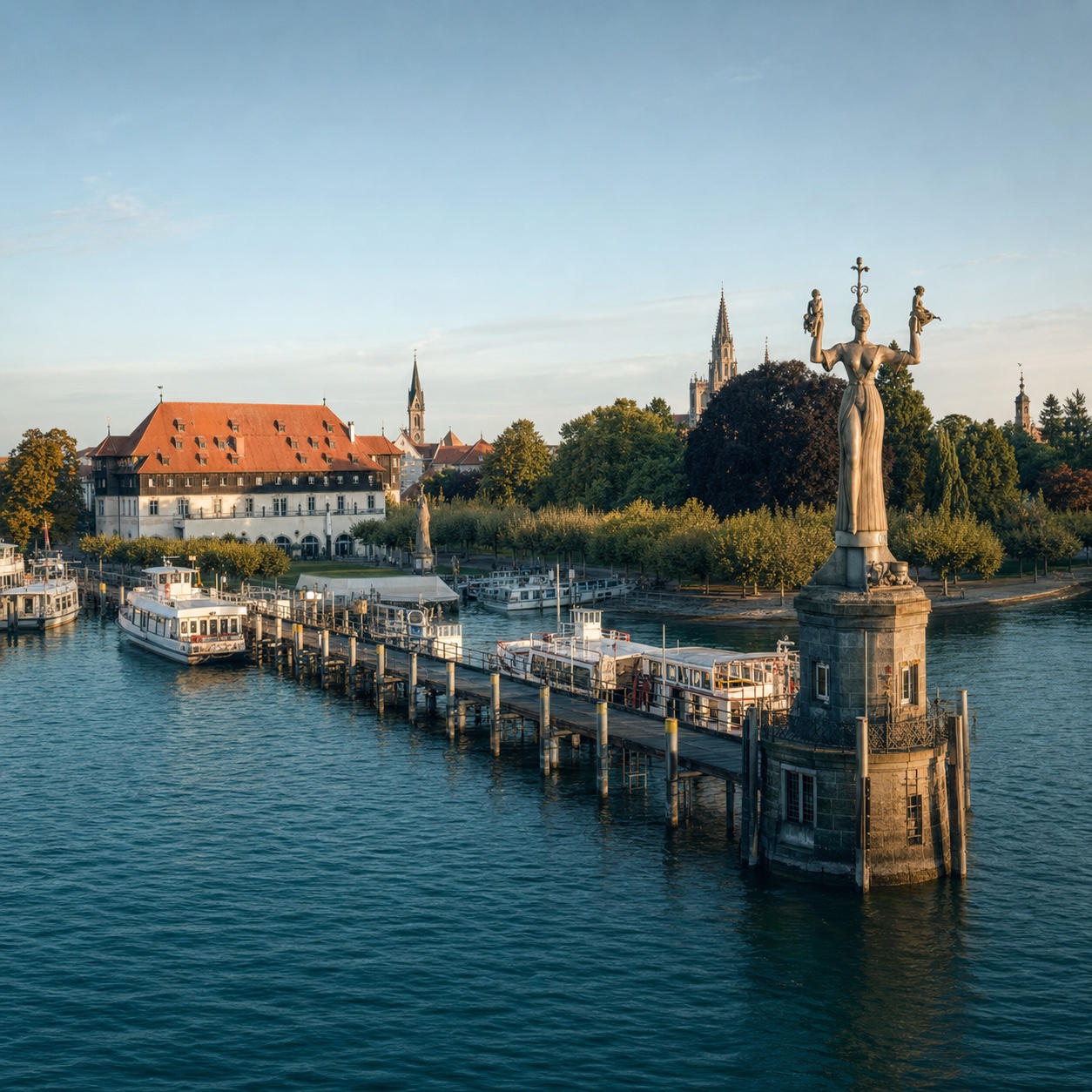 Konstanzer Hafen mit Konzil, Imperia, Schiffen und historischer Stadtkulisse