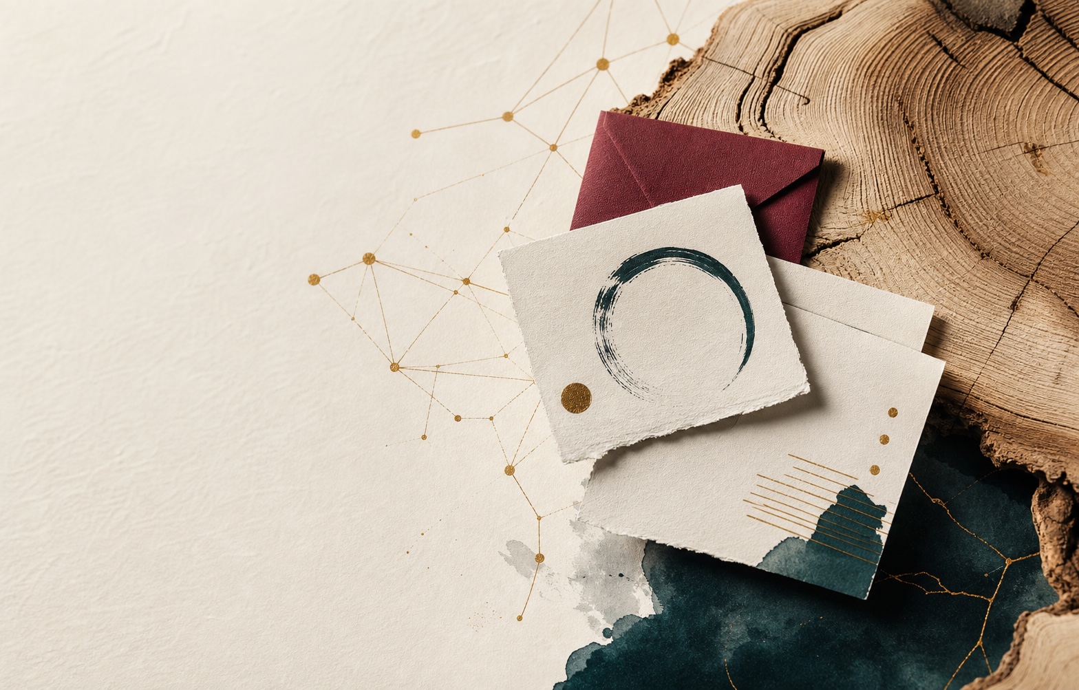 Editoriales Markenmotiv aus Papier, Baumringen und feinen Verbindungslinien